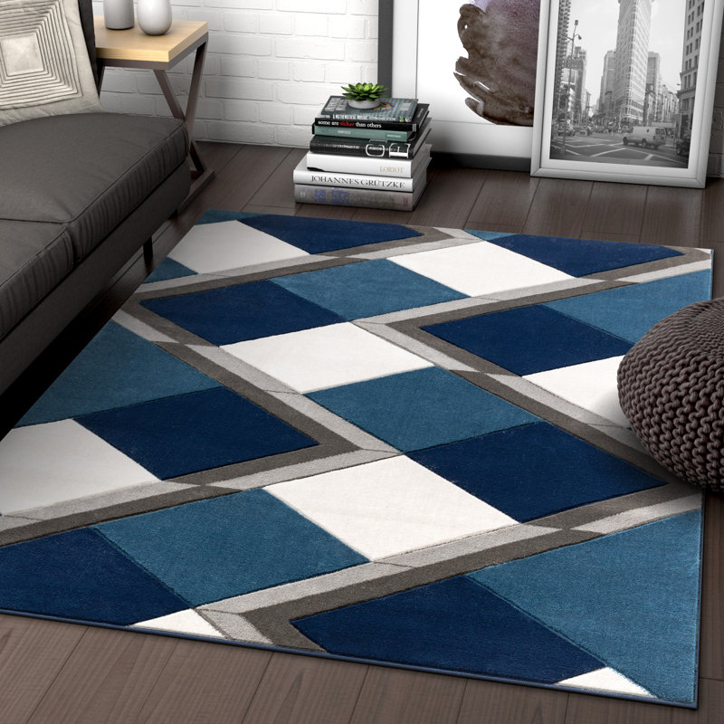 Well Woven Good Vibes Nora Modern Geometric Stripes and Boxes Blue/Navy